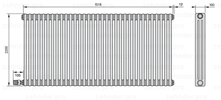 Схема (чертеж) Радиатор Zehnder Charleston 3220/33 №V003 Белый глянцевый RAL 9016